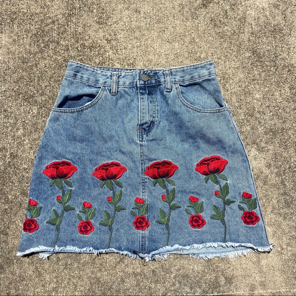 Denim Flower Embroidered Skirt